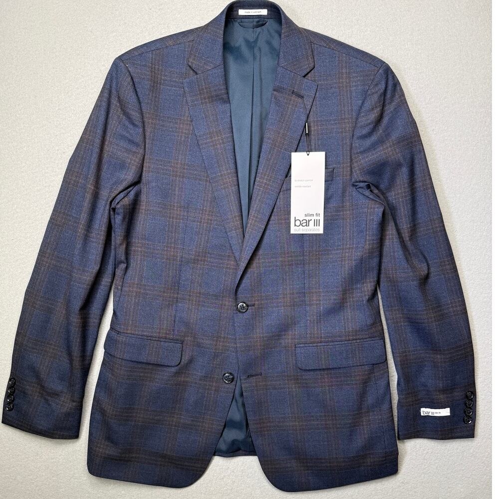 Bar III Men's Slim-Fit Wool Blend Suit Jacket Navy Plaid 40L $425